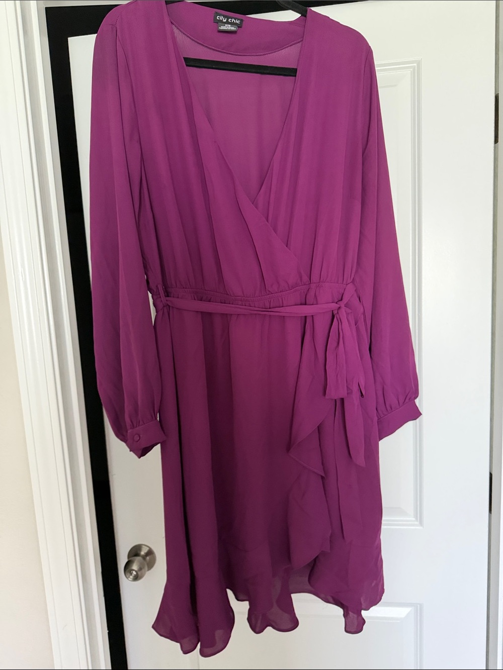 City Chic Fuchsia Long Sleeve Wrap Dress with Tie Waist